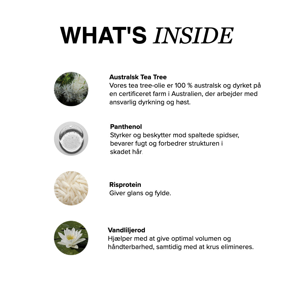 Mærk friskheden fra australsk tea tree-olie, der plejer hovedbunden og efterlader håret glansfuldt og blødt.